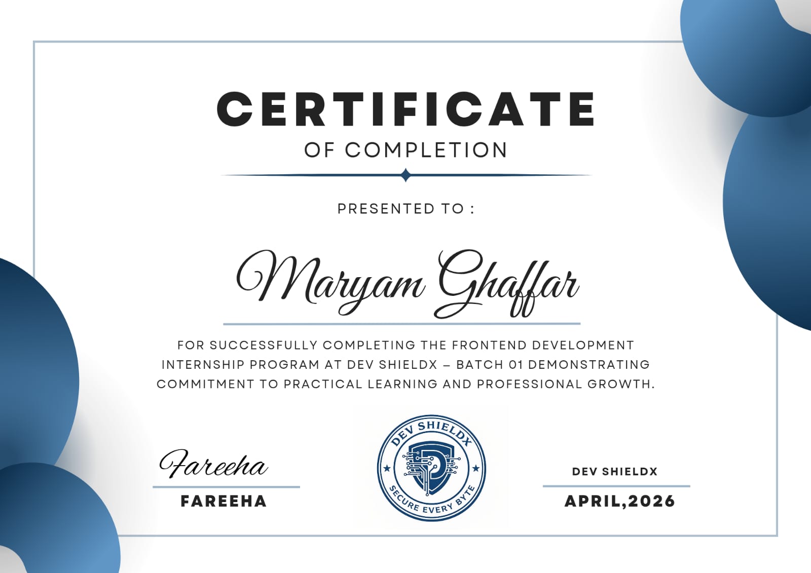 Frontend Internship Certificate